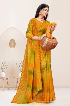 Mustard & Olive Green Bandhani Printed Georgette Saree with Scallop Border(RB textile) 6658745101231