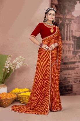 Maroon & Mustard Bandhani Striped Georgette Saree with Gota Border(RB textile) 6658745101232
