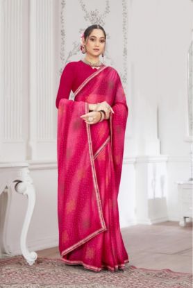  Pink Chiffon Saree, likely featuring printed patterns and a border, possibly with embellishments.(RB textile) 6658745101236