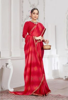 Red Chiffon Saree, likely featuring printed patterns and a border, possibly with embellishments.(RB textile) 6658745101237