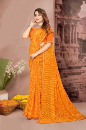 Orange and Yellow Striped Saree, possibly a Leheriya print or a similar striped pattern on a fabric like Georgette or Chiffon(RB textile)  6658745101239