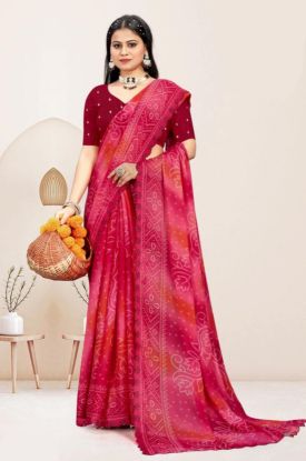  Chiffon Bandhani Printed Pink Lace Border Saree(RB textile) 6658745101241