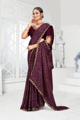 Purple/Wine Printed Saree with an Embellished Border, often featuring a Leheriya or Zig Zag pattern (RB textile) 6658745101242